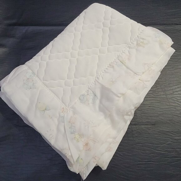 Dacron Quilted Baby Blanket Satin Trim Bunny Pastel Blocks Teddy Bear Rattle Vtg - Picture 3 of 16